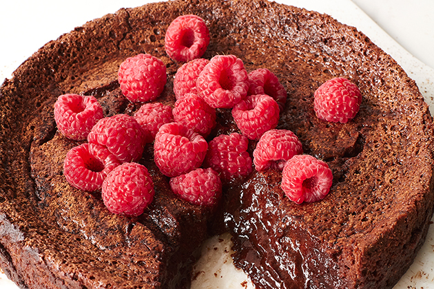 Flourless Chocolate Sunken Lava Cake with Raspberries