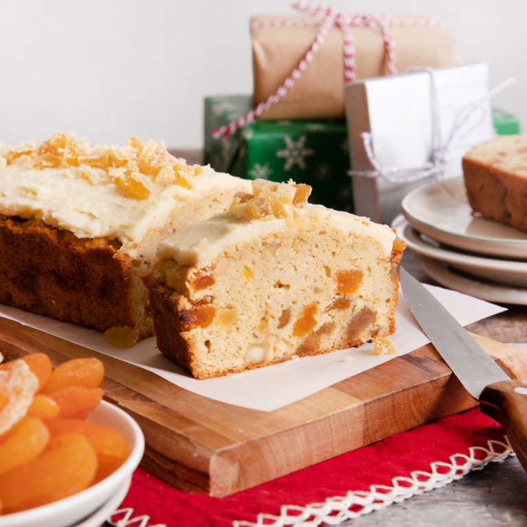 Reduced Sugar Ginger-Apricot Fruit Cake with Hard Sauce Icing