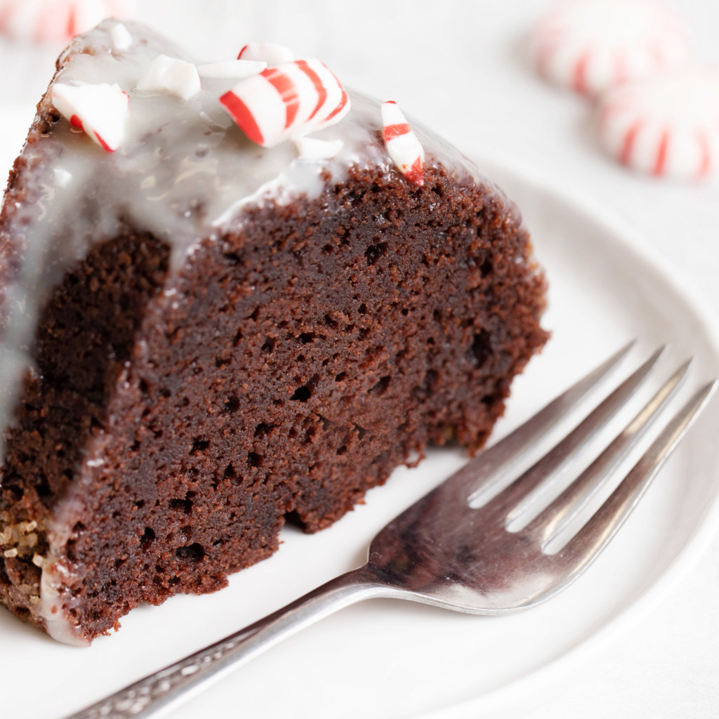 Chocolate Bundt Cake with White Chocolate Peppermint Glaze