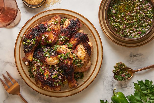 BBQ Sweet and Spicy Brick Chicken with Jalapeño Chimichurri